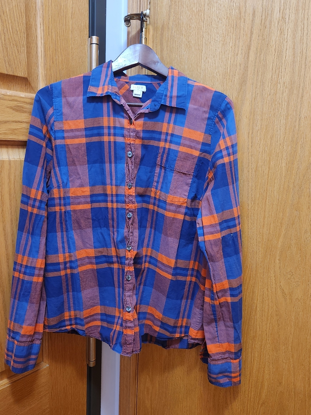 J. Crew Navy and Orange Plaid Shirt Size Large Western